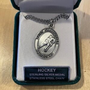 Saint Christopher Hockey Sterling Silver Medal Necklace with Stainless chain